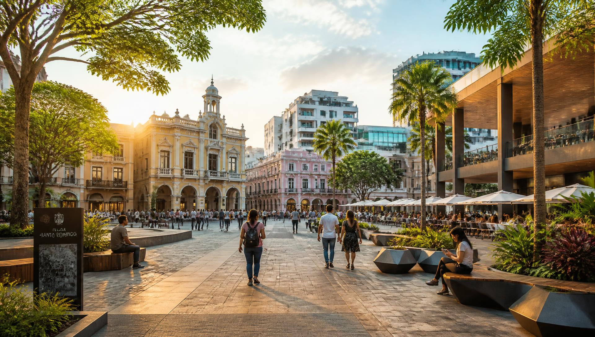 Praça revitalizada no centro histórico com pessoas caminhando entre prédios antigos e arquitetura contemporânea